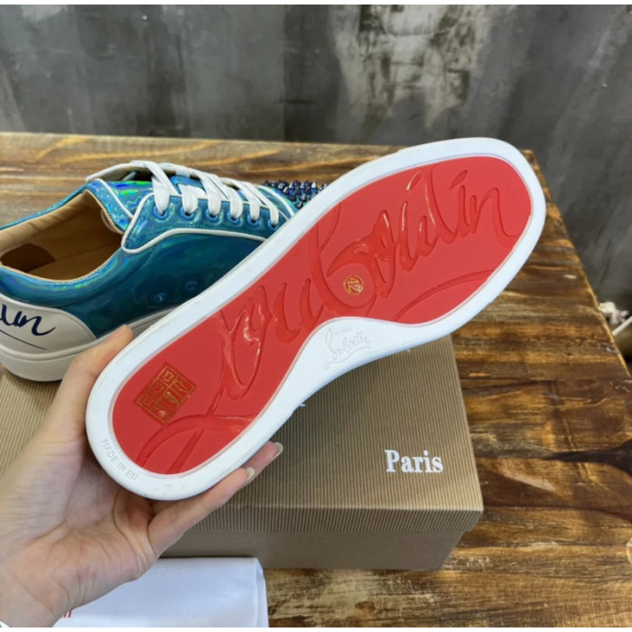 Christian Louboutin Holographic Blue Black‑Spiked Low‑Top Sneakers