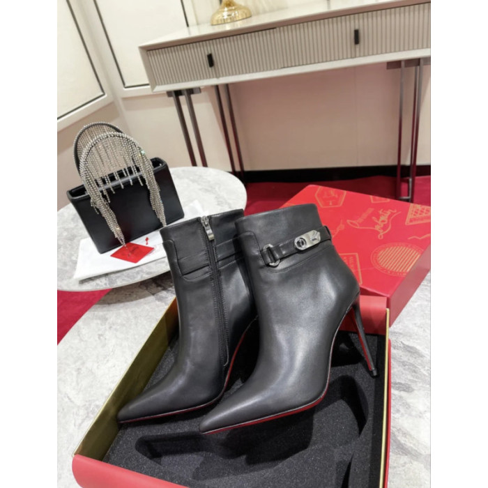 Christian Louboutin Black Leather Metal‑Buckle 100mm Pointed Toe Ankle Boots