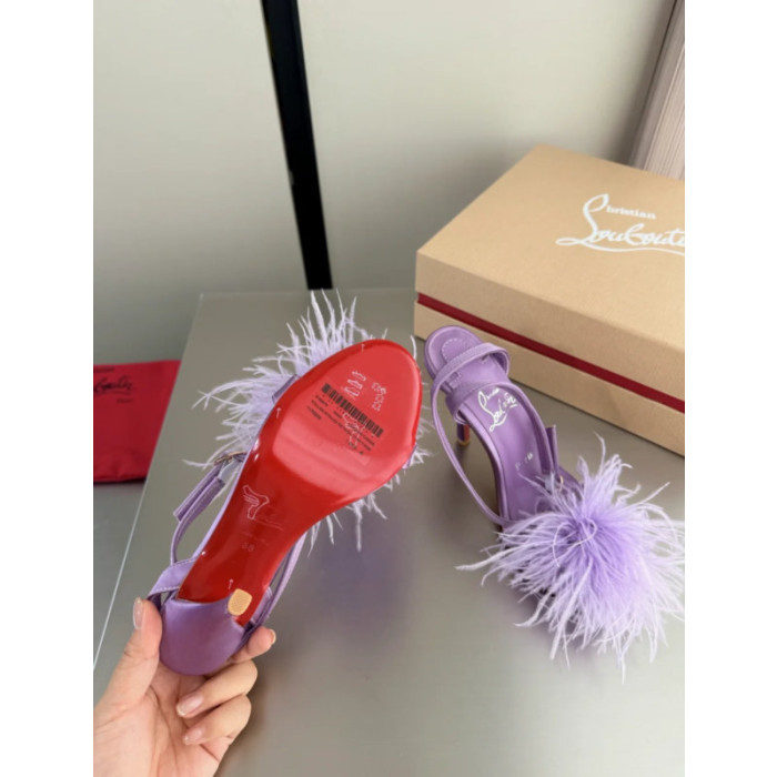 Christian Louboutin Purple Satin Feather 100mm Slingback Sandals