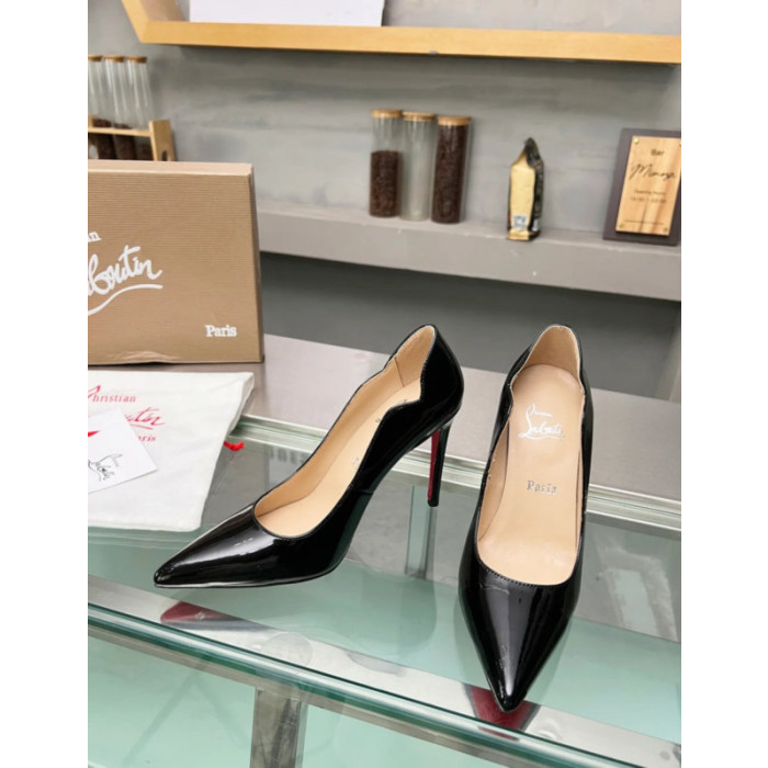 Christian Louboutin Black Patent Leather Scalloped Pointed‑Toe 100mm High Heel Pumps