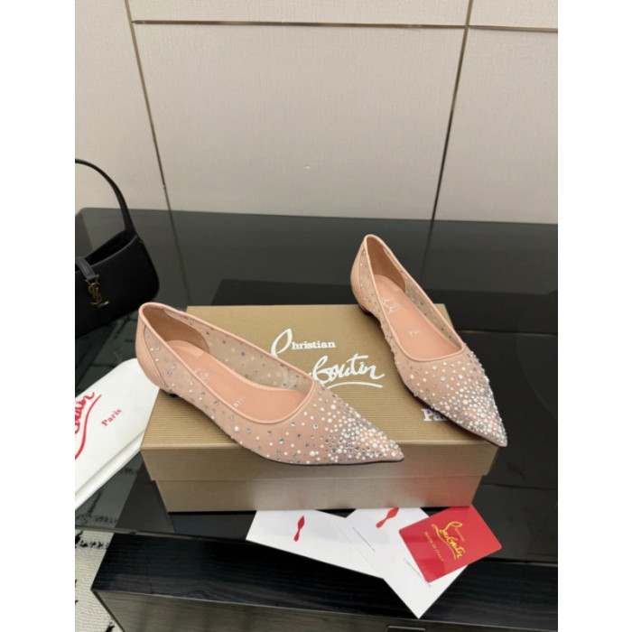 Christian Louboutin Pink Mesh Crystal Pearl Pointed‑Toe Flat Pumps