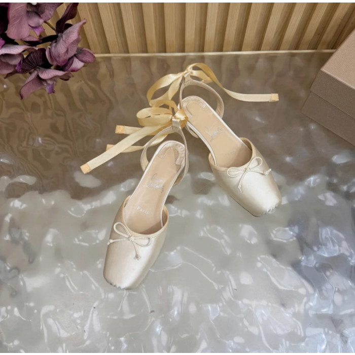 Christian Louboutin Ivory Satin Bow Ankle‑Tie Slingback Ballet Flats
