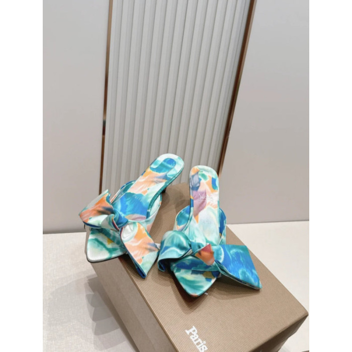 Christian Louboutin Tie‑Dye Satin Bow Mule Kitten Heel Sandals