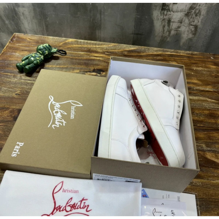 Christian Louboutin White Leather Silver‑Spiked Slip‑On Low‑Top Sneakers