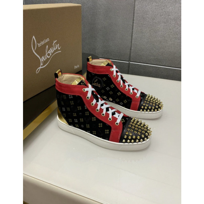 Christian Louboutin Black Printed Suede Red‑Trim Gold‑Spiked High‑Top Sneakers