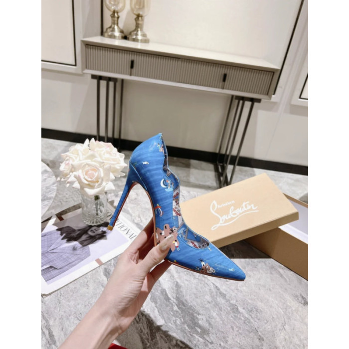 Christian Louboutin Blue Cartoon Print Scalloped 100mm heel Pump