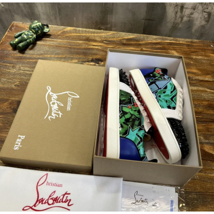 Christian Louboutin Green Graffiti‑Print Spiked‑Toe Low‑Top Lace‑Up Sneakers