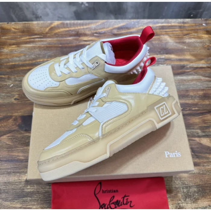 Christian Louboutin Beige‑White Spiked Platform Low‑Top Sneakers