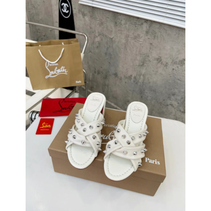 Christian Louboutin White Leather Studded 55mm heel Slide Sandals