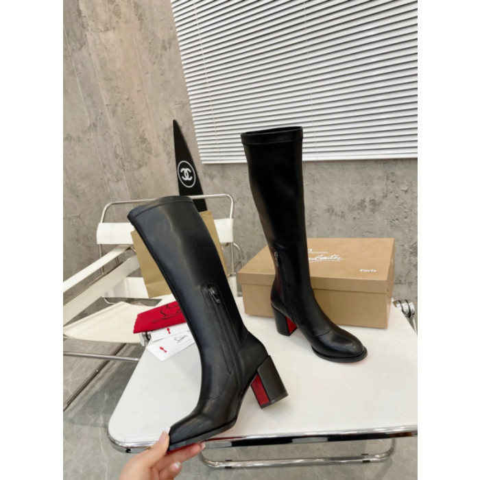 Christian Louboutin Black Smooth Leather 85mm heel Block‑Heel Knee‑High Boots