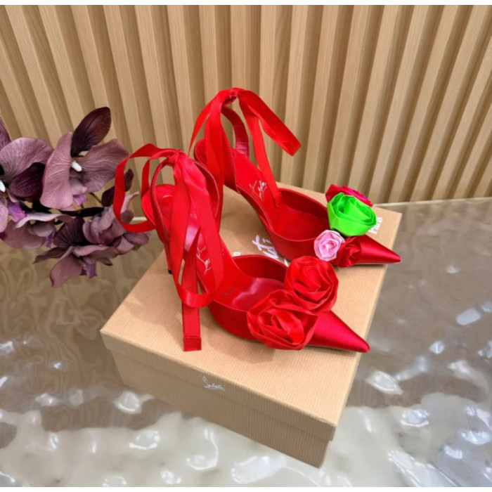 Christian Louboutin Red Satin Multicolor Fabric Flower 100mm Stiletto Heel Slingback Pumps