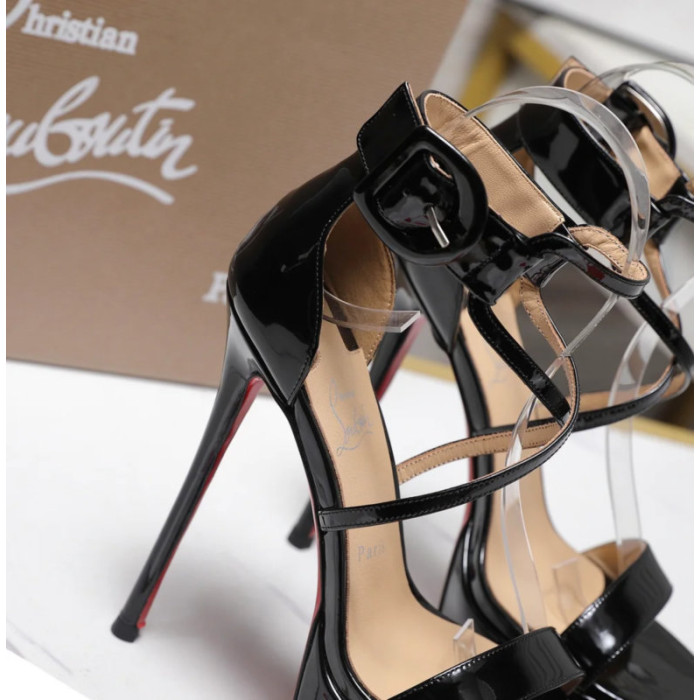 Christian Louboutin Black Patent 150mm Crisscross Ankle‑Strap Platform Heel Sandals