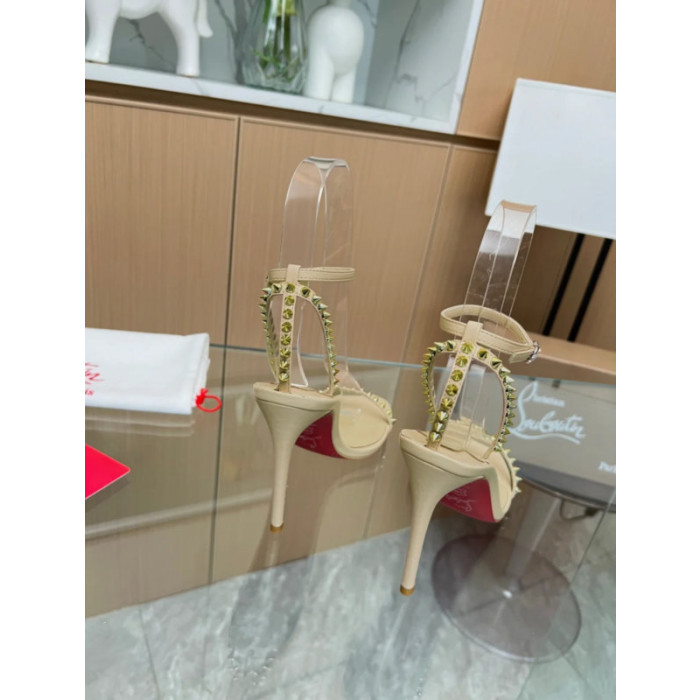 Christian Louboutin Beige Leather Gold‑Spiked Ankle‑Strap Sandal 100mm heel