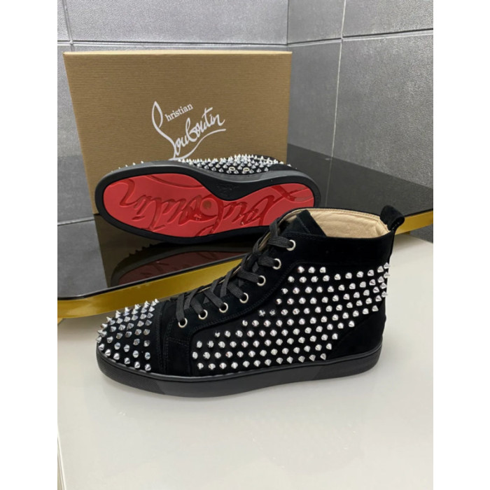 Christian Louboutin Black Suede Full Silver‑Spiked High‑Top Sneakers