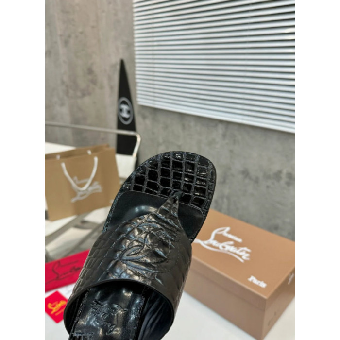 Christian Louboutin Black Croc‑Embossed 70mm Block Heel Thong Mule Sandals