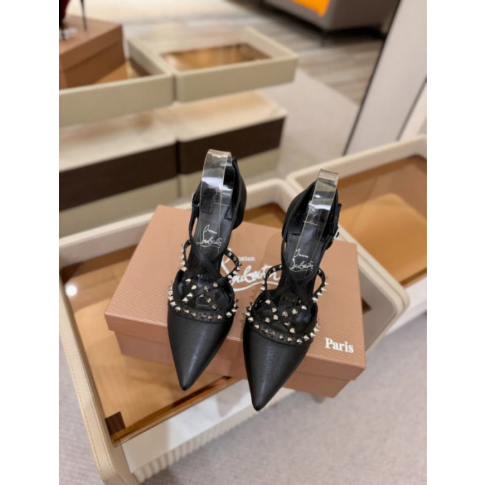Christian Louboutin Black Leather Spiked Crisscross Strap Pointed‑Toe High‑Heel Pumps