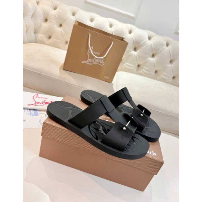 Christian Louboutin Black Rubber Double‑Buckle Slide Sandals
