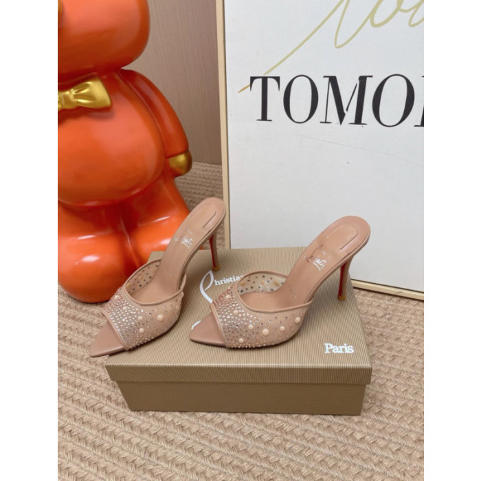 Christian Louboutin Nude Mesh Pearl Crystal‑Embellished 100mm Pointed‑Toe Stiletto Heel Mules