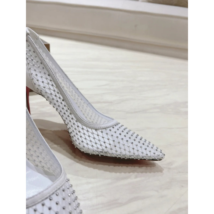 Christian Louboutin White Mesh 80mm Apostropha Crystal‑Embellished Pointed Toe Heel Pumps