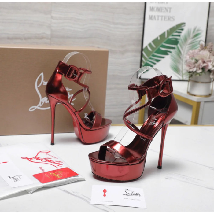 Christian Louboutin Metallic Burgundy Platform Ankle‑Strap Stiletto Heel Sandals