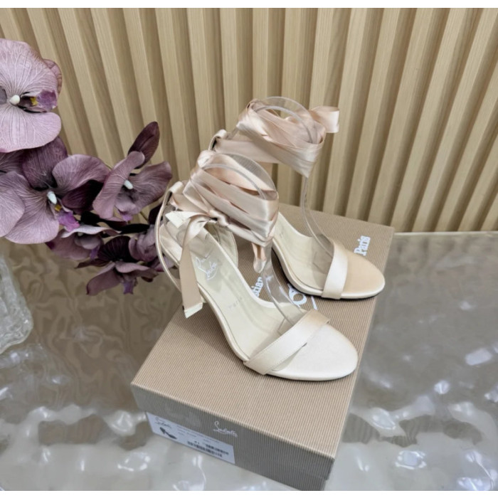 Christian Louboutin Champagne Satin 100mm Ankle‑Wrap Tie Stiletto Sandals