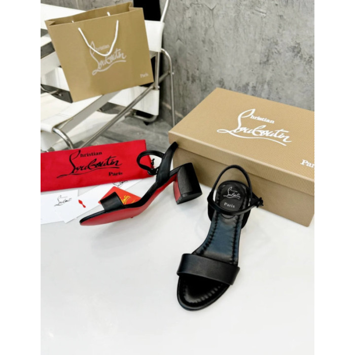 Christian Louboutin Black Leather Block heel Ankle Strap Sandal