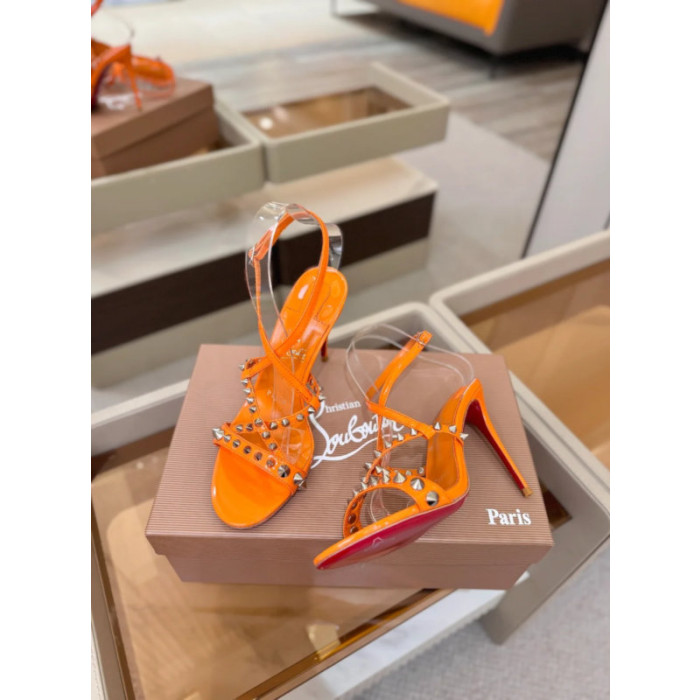 Christian Louboutin Orange Patent Studded Crisscross Ankle‑Strap Open‑Toe High Heel Sandals