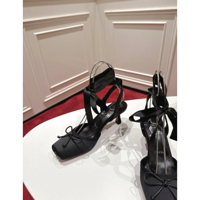 Christian Louboutin Black Satin Ankle Tie Bow Kitten Heel Pumps