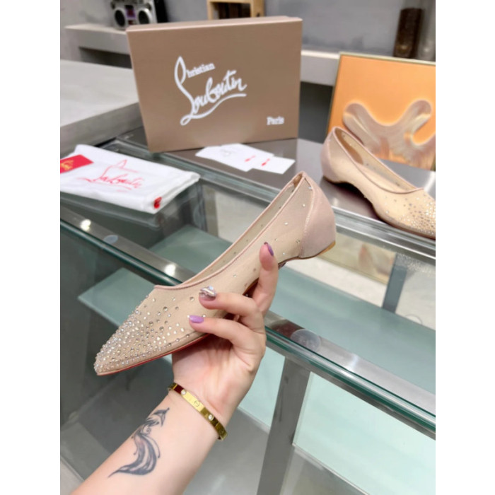 Christian Louboutin Nude Mesh Crystal‑Dot Flat Pointed Pump