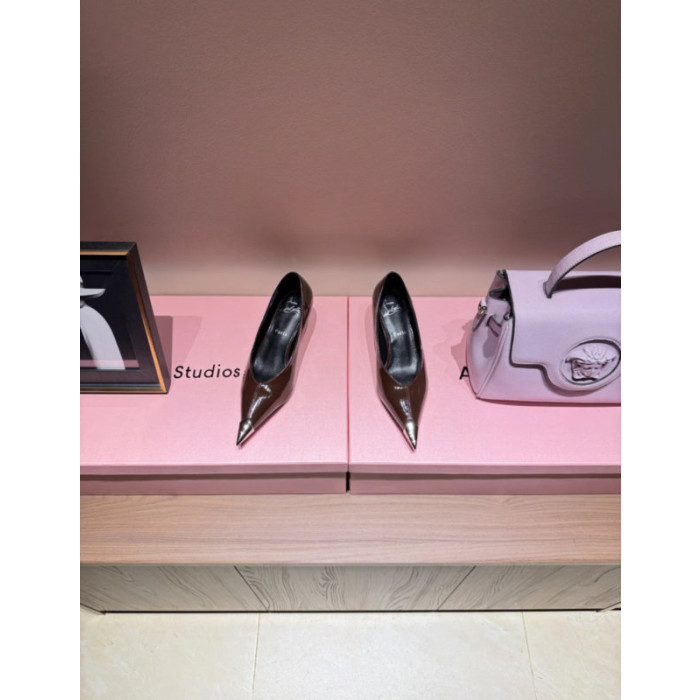 Christian Louboutin Brown Patent Metal‑Tip Pointed Toe Kitten Heel Pumps