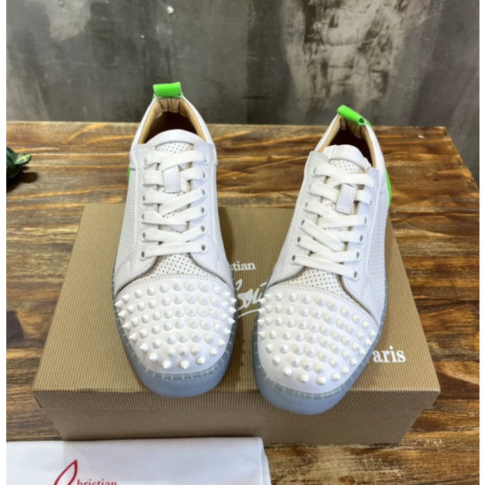 Christian Louboutin White Perforated Leather Green‑Accent White‑Spiked Low‑Top Sneakers
