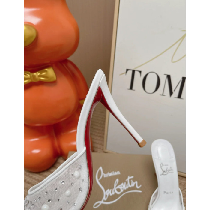 Christian Louboutin White Mesh Pearl Crystal‑Embellished 100mm Peep‑Toe Stiletto Heel Mules