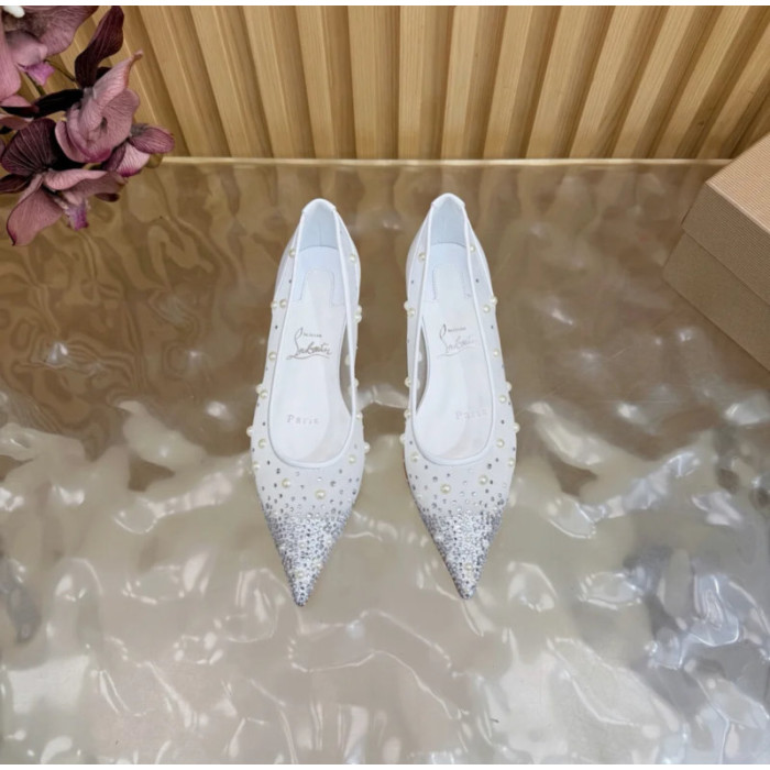 Christian Louboutin White Mesh Pearl Crystal‑Embellished Pointed‑Toe Flat Pumps