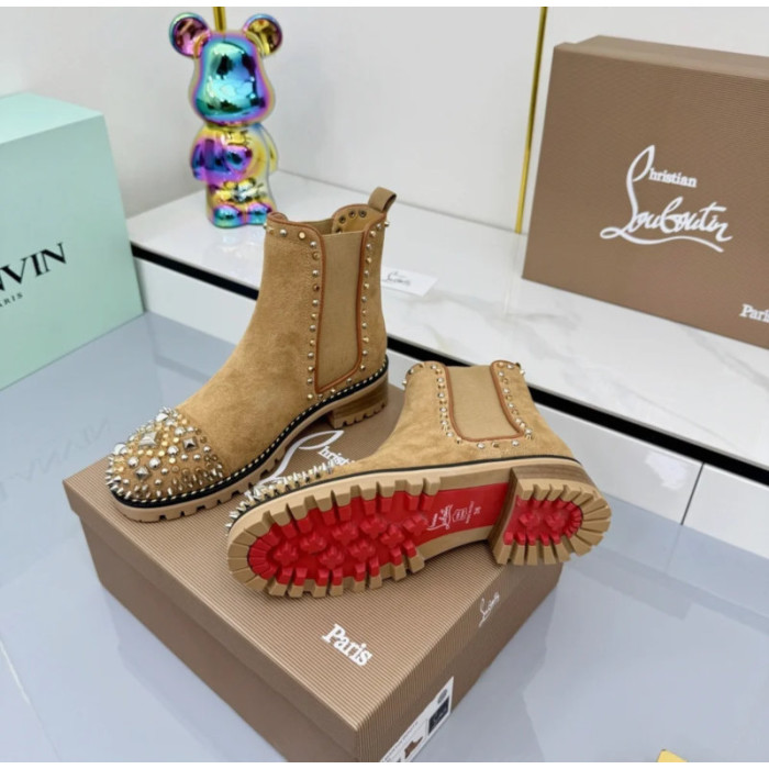 Christian Louboutin Tan Suede Silver‑Spiked Chelsea Ankle Boots Block Heel
