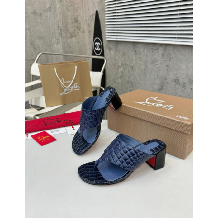 Christian Louboutin Navy Croc‑embossed Leather 55mm Block Heel Mule Sandal