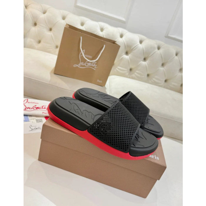 Christian Louboutin Black Mesh‑Strap Slide Sandals Red Rubber Outsole