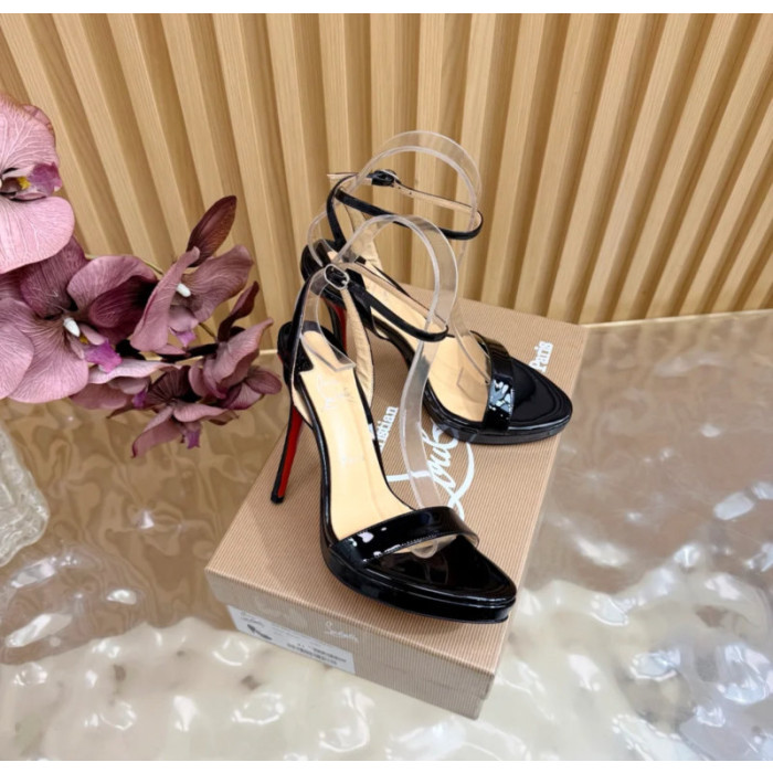 Christian Louboutin Black Patent Leather Platform Ankle‑Strap High‑Heel Sandals 150mm heel