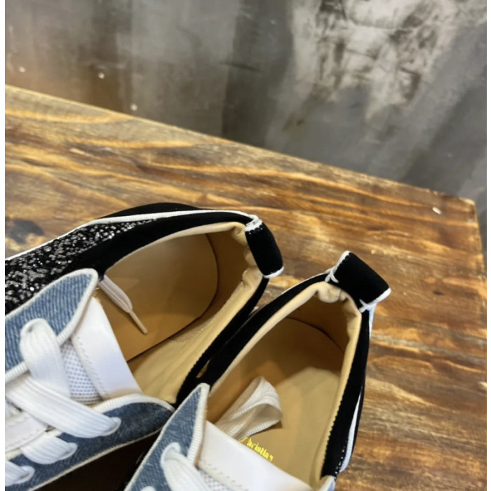 Christian Louboutin Denim Mixed‑Media Crystal Spike Low‑Top Sneakers