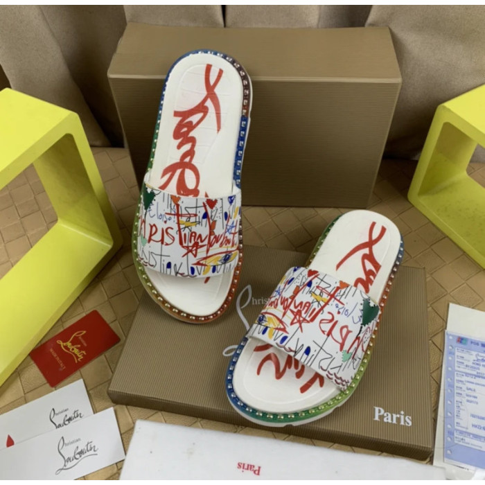 Christian Louboutin White Graffiti‑Print Slides Rainbow Crystal‑Trimmed Sole