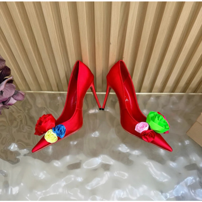 Christian Louboutin Red Satin Multicolor Fabric Flower 100mm Stiletto Heel Pumps