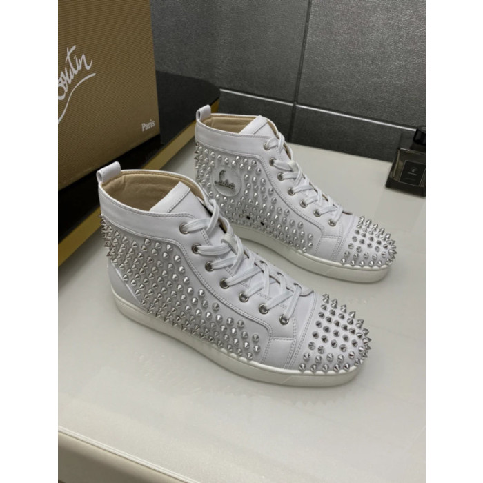 Christian Louboutin White Leather Full Silver‑Spiked High‑Top Sneakers