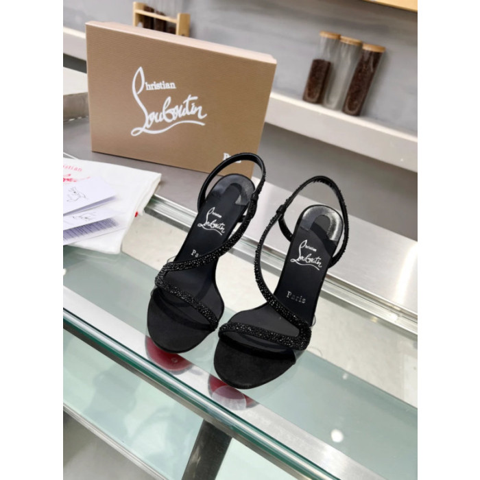 Christian Louboutin Black Suede Crystal‑Embellished 100mm heel Sandal