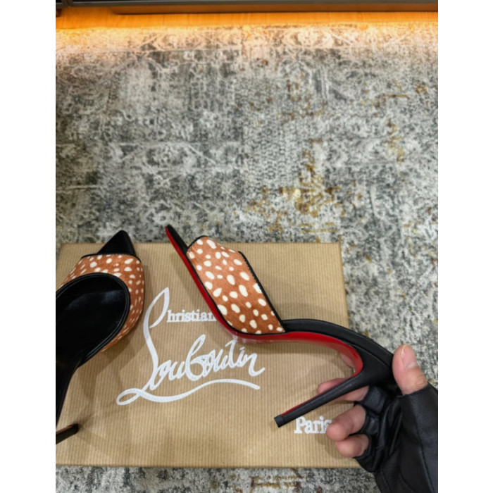 Christian Louboutin Brown‑White Spotted Calf Hair Backless Mule High Heel Sandals