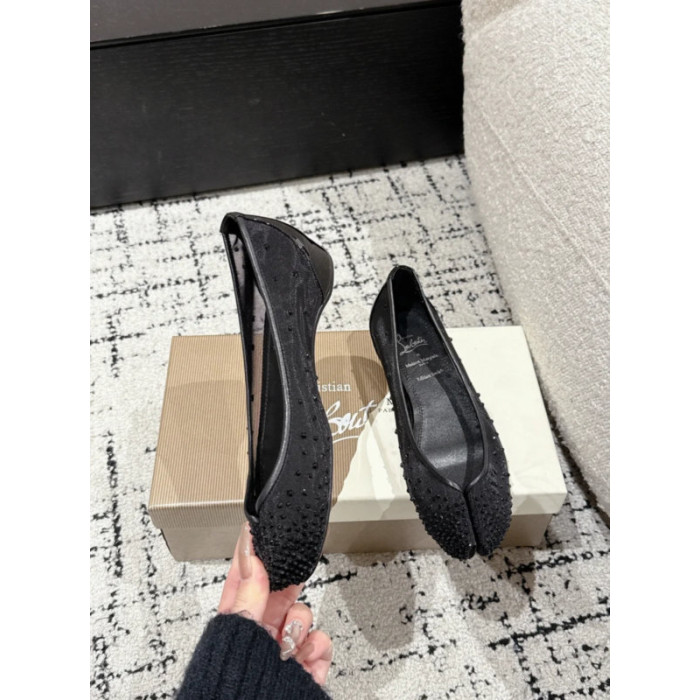 Christian Louboutin × Maison Margiela Black Mesh Crystal Tabi Split‑Toe Wedge Flats