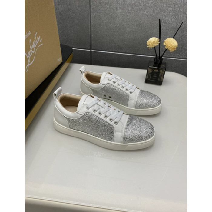 Christian Louboutin White Leather Silver Crystal‑Encrusted Low‑Top Sneakers