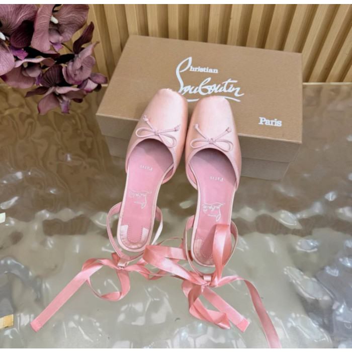 Christian Louboutin Pink Satin Bow Ankle‑Tie Slingback Ballet Flats