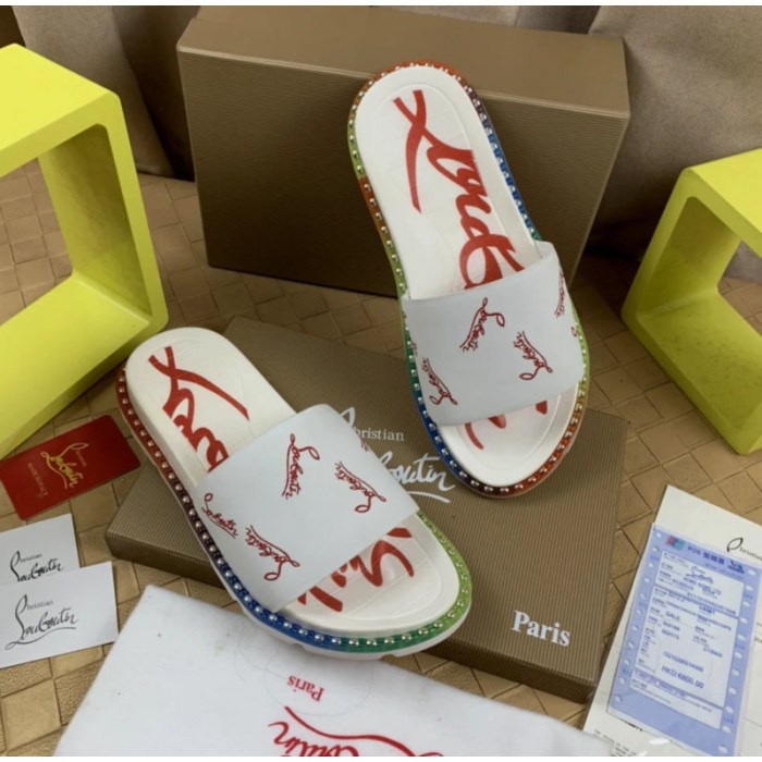 Christian Louboutin White Logo‑Print Slides Rainbow Crystal‑Trimmed Sole