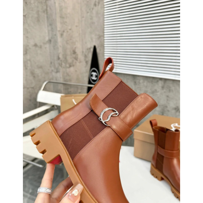 Christian Louboutin Brown Leather Buckle‑Strap Lug‑Sole Chelsea Ankle Boots