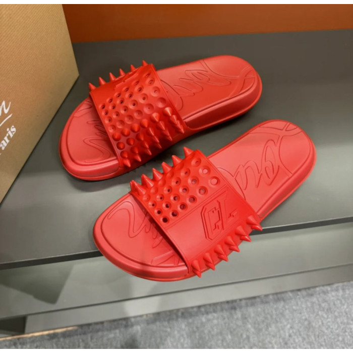 Christian Louboutin Red Rubber Spiked Flat Slide Sandals