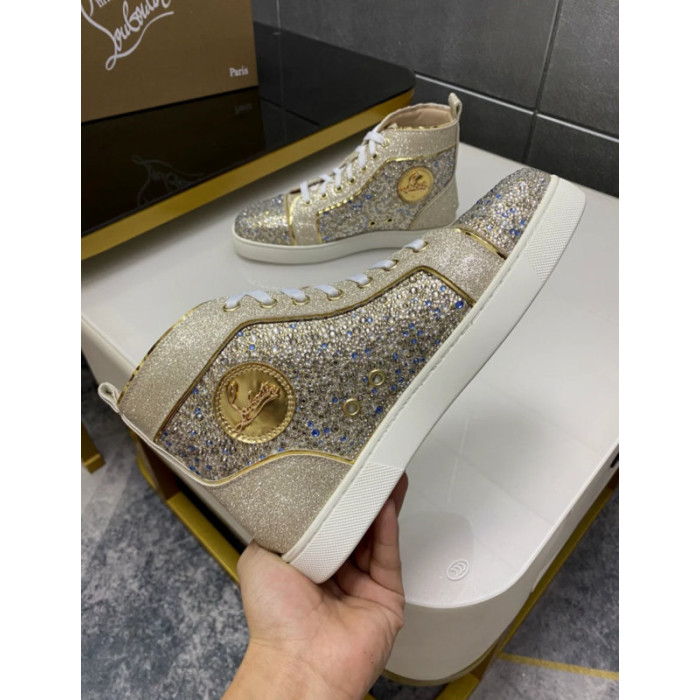Christian Louboutin Gold Glitter Blue Crystal‑Embellished High‑Top Sneakers